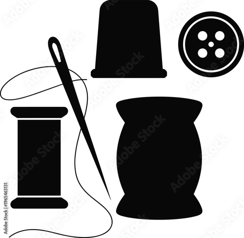 Sewing tools silhouette set with needle, thread spool, thimble and button isolated on white background, tailoring craft concept, handmade equipment collection