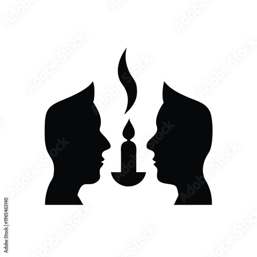 Stylized illustration of two human profiles contemplating a shared flame, symbolizing communication and connection
