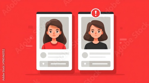 Two cartoon women profiles on mobile phones with one marked as suspicious for deepfake concept