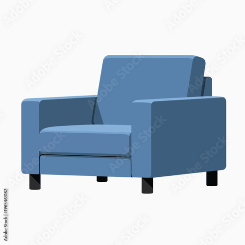 Illustration of a blue armchair on a white background. It has a boxy design with armrests, a back, and four dark legs. The style is simplistic and flat