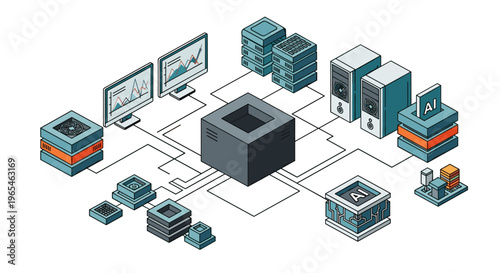 Artificial Intelligence network computing system processes data analytics for innovative technology solutions, driving machine learning, cloud infrastructure, and modern server man.
