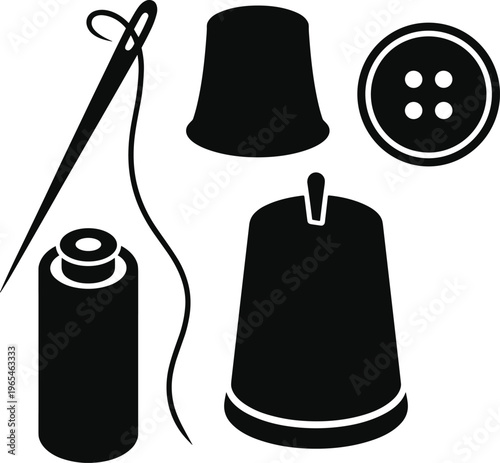 Sewing tools silhouette set with needle, thread, thimble and button isolated on white background, tailoring craft concept, handmade design element collection
