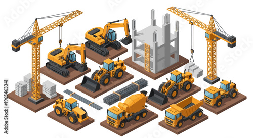 Isometric Construction Site with Heavy Equipment for Building Projects and Urban Development, Featuring Crane, Excavator, Loader, Mixer, Dump Truck, Rebar, Concrete Structure, Prov.