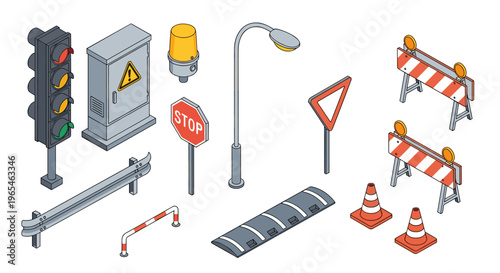 Isometric Street Furniture and Road Equipment Illustrations Represent Traffic Safety, Warning Signs, and City Infrastructure for Urban Planning, Transportation, and Construction Pr.