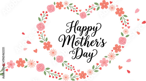 Happy Mother's Day Greeting Card with Flowing Floral Heart Garland Design for Elegant Seasonal Celebration and Gifting