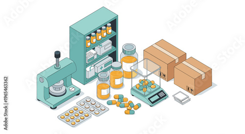 Pharmaceuticals Production in a Factory Setting with Pills, Bottles, and Equipment Illustrating the Manufacturing Process for Medication Distribution, Health, Medicine, and Science.
