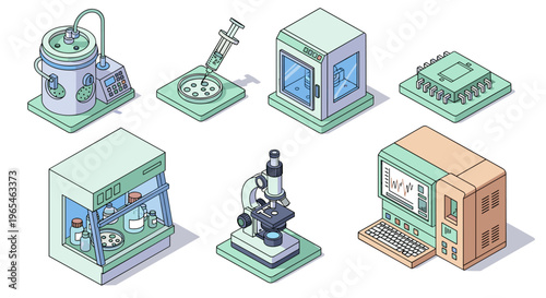 Isometric Scientific Laboratory Equipment for Research and Development: A detailed illustration of various lab tools for scientific study and advancement in technology, biology,.