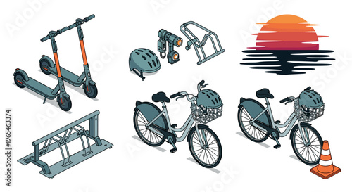 City Bicycle Sharing System Concept Illustration: Electric scooters, bikes and accessories at a rental station represent sustainable urban transportation, perfect for commuting, re.