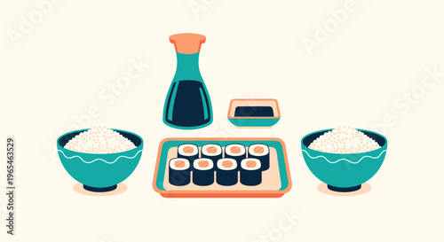 Delicious sushi set illustration features fresh salmon rolls with rice bowls and soy sauce in a minimalist Japanese style for culinary presentations, restaurant menus, or food.