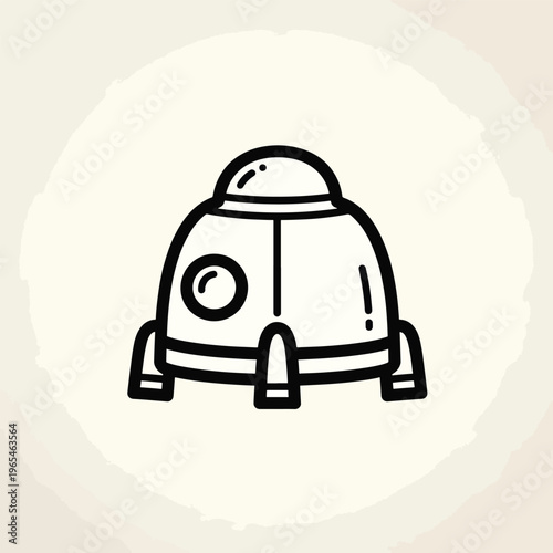 Black outlined spaceship illustration on an off-white circular background, with ink-like textural effect