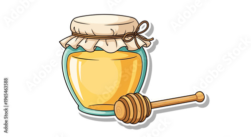 Delicious Honey Jar with Dipper Ready to Serve: Sweet treat for breakfast or dessert, this natural sweetener illustration is great for cooking, nutrition, and organic food concepts.