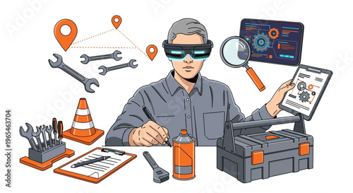 Augmented Reality Mechanic Repairs Gears Using Digital Information in a Technological Workshop for Manufacturing and Engineering Solutions with High-Tech Gadgets, Tools, and Global.