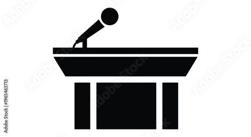 A black silhouette depicts a microphone positioned over a podium with a rectangular design silhouette high quality professional