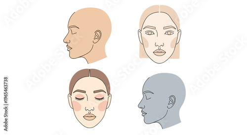 Diverse facial features illustration set showcases various skin tones and face shapes, perfect for skincare, beauty, and cosmetic design projects that celebrate inclusivity and div.