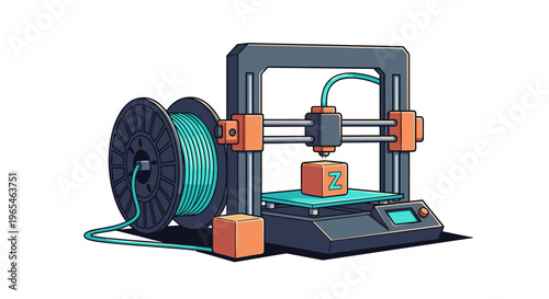 Detailed 3D printer creating a cube with the letter Z, showcasing the innovative technology in manufacturing and prototyping, a modern illustration perfect for websites and product.