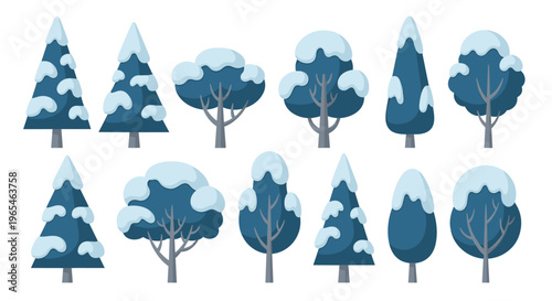 Winter Trees in Snow Illustration Collection features cute, whimsical arboreal elements for seasonal designs, holiday greeting cards, festive decorations and natural, serene landsc.