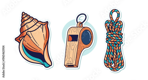 Vibrant Seaside Adventure Collection Featuring a Seashell, Whistle, and Rope Showcasing Nautical Themes, Summer Vacation, Exploration, and Boating in a Fun and Playful Style for Be.