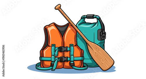 Kayaking Gear Essentials Illustrating Outdoor Adventure: Featuring a buoyant orange life vest, wood paddle, and dry bag, this vibrant graphic is perfect for watersports advertising.