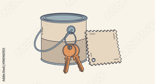 Homeowner's paint can with keys and color swatch illustrate house painting and renovation choices, representing creative interior design, apartment makeover, and homeowner decision.