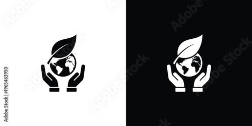 Black and white of hands holding globe with leaf earth