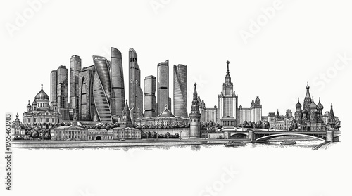 A detailed black and white sketch of the Moscow skyline, showcasing modern skyscrapers alongside historic landmarks.