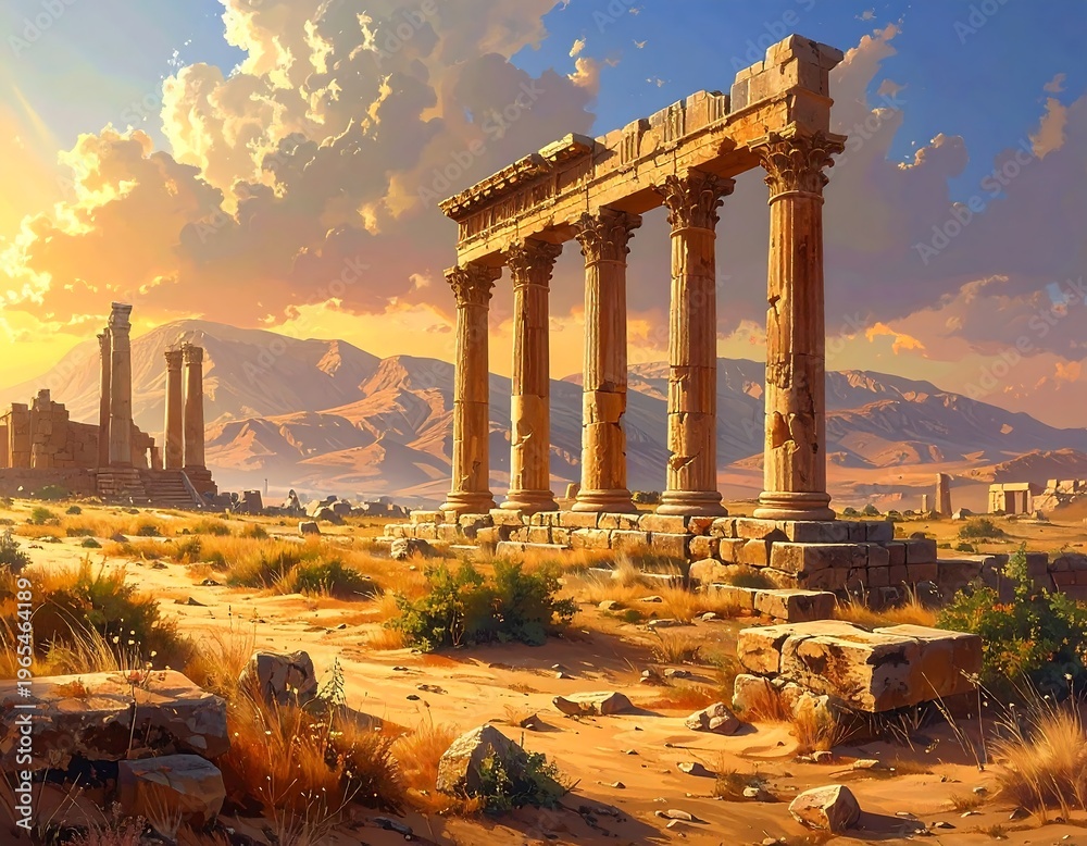 Fototapeta premium Ancient stone structure with columns in desert landscape