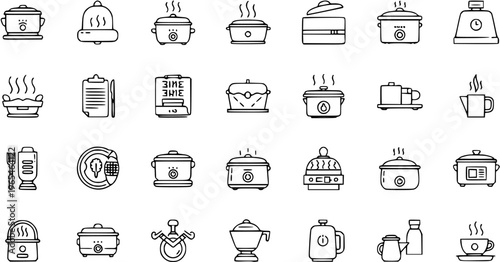 Outline Icons Set: Kitchen Cookware and Appliances including Slow Cookers, Pots, Coffee Makers, Blenders, and Food Preparation Tools