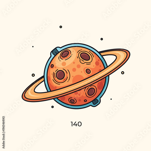 Illustration of an orange and brown planet with a ring system, stylized with black outlines and on a cream background. Scattered black dots are around the central subject