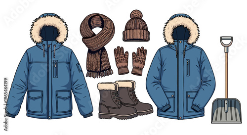 Winter Apparel Set for Cold Weather Adventures, Featuring a Fur-Hooded Parka, Scarf, Gloves, Boots, Hat and Snow Shovel in Cartoon Style, Perfect for Seasonal Fashion and Warmth, O.