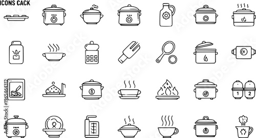 Outline Vector Icons Collection: Kitchen Utensils, Cooking Appliances, Food Preparation, and Hot Beverages