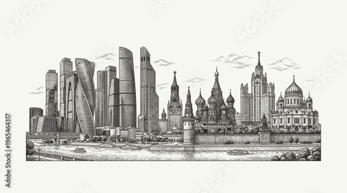 A detailed, monochromatic illustration of the Moscow skyline, showcasing a blend of historic and modern architecture along the Moskva River.