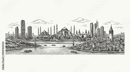 A detailed black and white pen and ink drawing of the Istanbul skyline, showcasing iconic landmarks and modern skyscrapers along the Bosphorus strait.