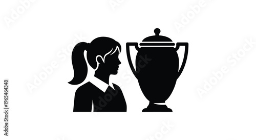 A striking black silhouette depicts a woman with a ponytail beside an ornate classical urn silhouette high quality