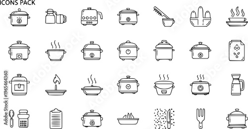 Kitchen Cooking Appliances  Utensils Line Icons Pack. Collection of slow cookers, rice pots, food warmers, electric pots, saucepans, and various kitchenware for food preparation.
