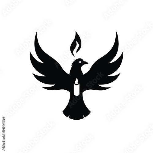 Minimalist graphic illustration of a majestic dove with open wings, cradling a serene lit candle, symbolizing enduring peace, hope, and spiritual guidance