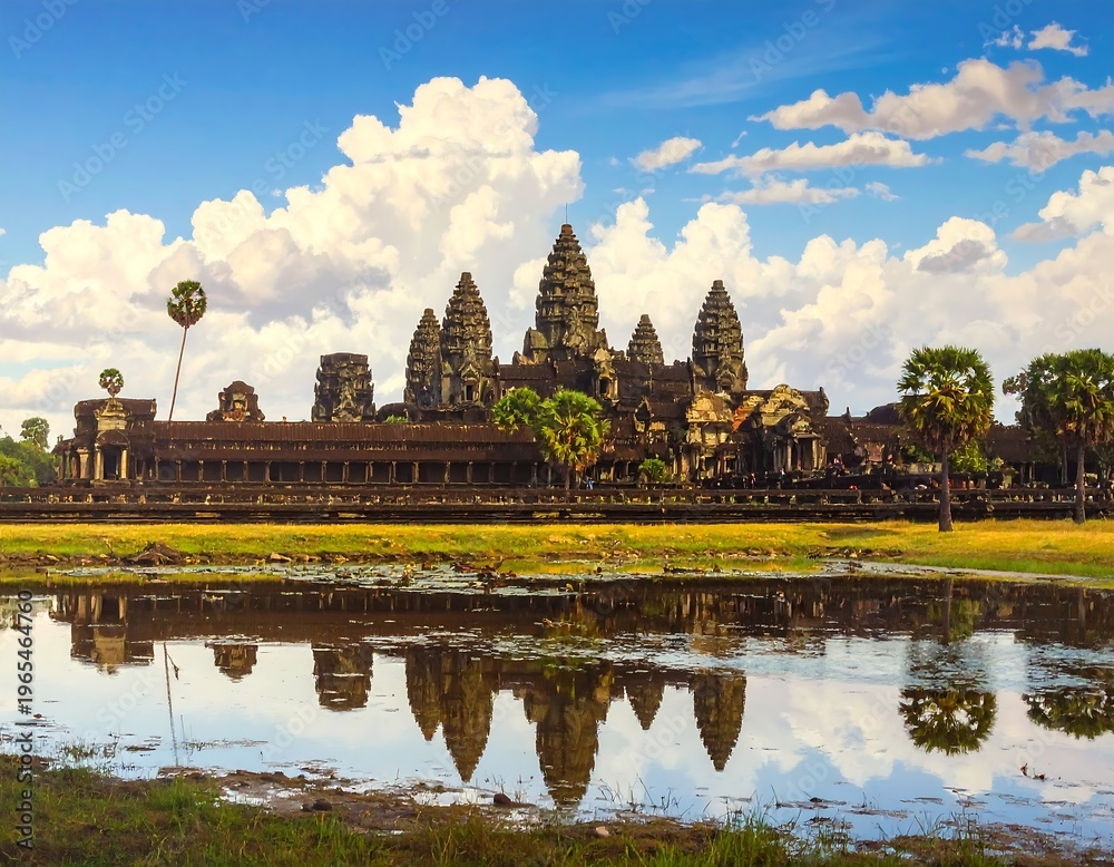 Fototapeta premium Ancient temple complex with towers and reflection in water