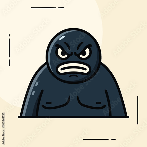 Cartoon-style illustration of an angry creature, dark blue with an expression of anger. It has thick black lines and details in a yellow-tan background