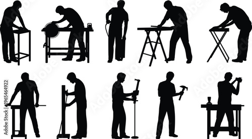 Carpenter worker silhouettes set with saw hammer woodworking tools workshop labor black figures vector illustration collection isolated poses