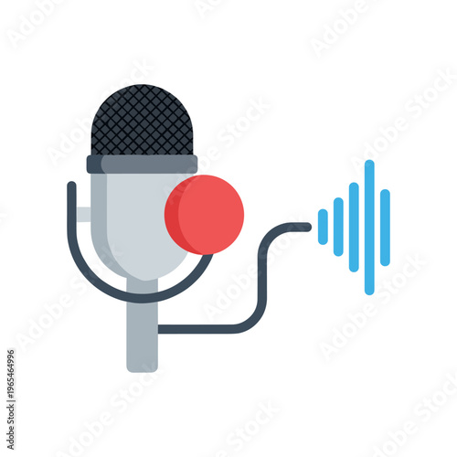Microphone with sound wave vector illustration, flat design audio recording symbol