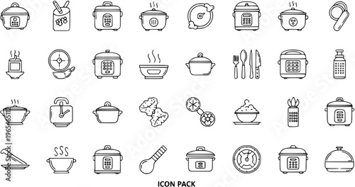 Collection of Outline Icons for Pressure Cookers, Kitchenware, and Cooking Appliances