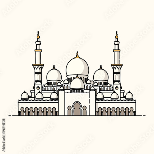 An architectural illustration of a grand structure with multiple domes and minarets. It features archways, detailed windows, and intricate designs. The style is a minimalist line art