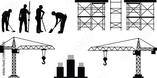 Construction silhouettes set with workers scaffolding tower cranes building site black figures vector illustration collection isolated industry elements