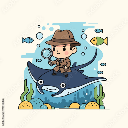 An illustration depicting a detective riding a ray in the sea. The detective, holding a magnifying glass, explores the underwater world with aquatic life and bubbles