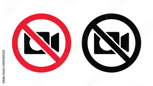 Prohibition, signs for video recording and photography featuring crossed camera and video symbols, restriction and privacy warning concept, modern flat vector illustration for public safety, apps, web