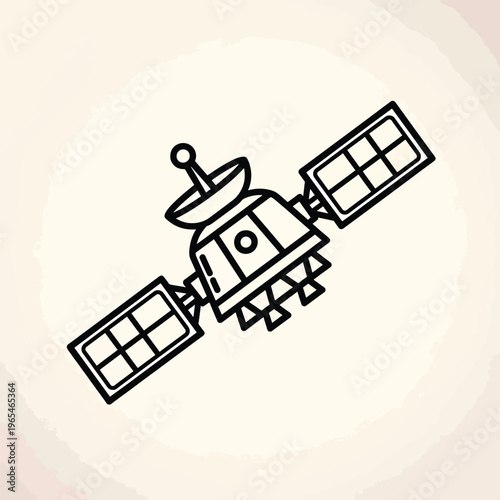 An illustration depicts a stylized, black-lined depiction of a satellite, complete with panels and a central communication dish, set against a soft, light-toned background
