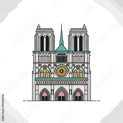 An illustration presents a stylized depiction of a large architectural structure, utilizing clean lines and geometric shapes. The facade features symmetry