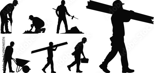 Construction worker silhouettes carrying materials digging wheelbarrow labor builder men vector illustration isolated professional activity set collection