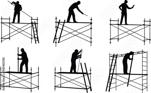 Construction worker scaffolding silhouettes set with ladder building site labor black figures vector illustration collection isolated working poses