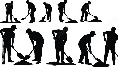 Construction worker silhouettes digging with shovel poses manual labor builder men vector illustration isolated professional activity set collection