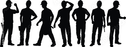 Construction worker silhouettes group with helmet tools standing walking poses builder men vector illustration isolated professional labor characters set